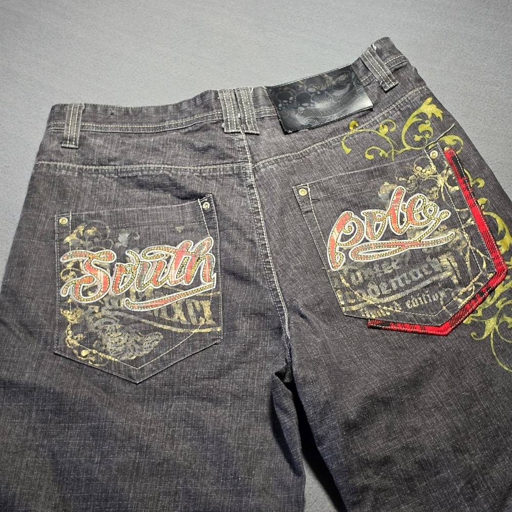 Southpole Mens Baggy Denim Shorts Grey Y2K Embroidered Plaid Skater Size 36